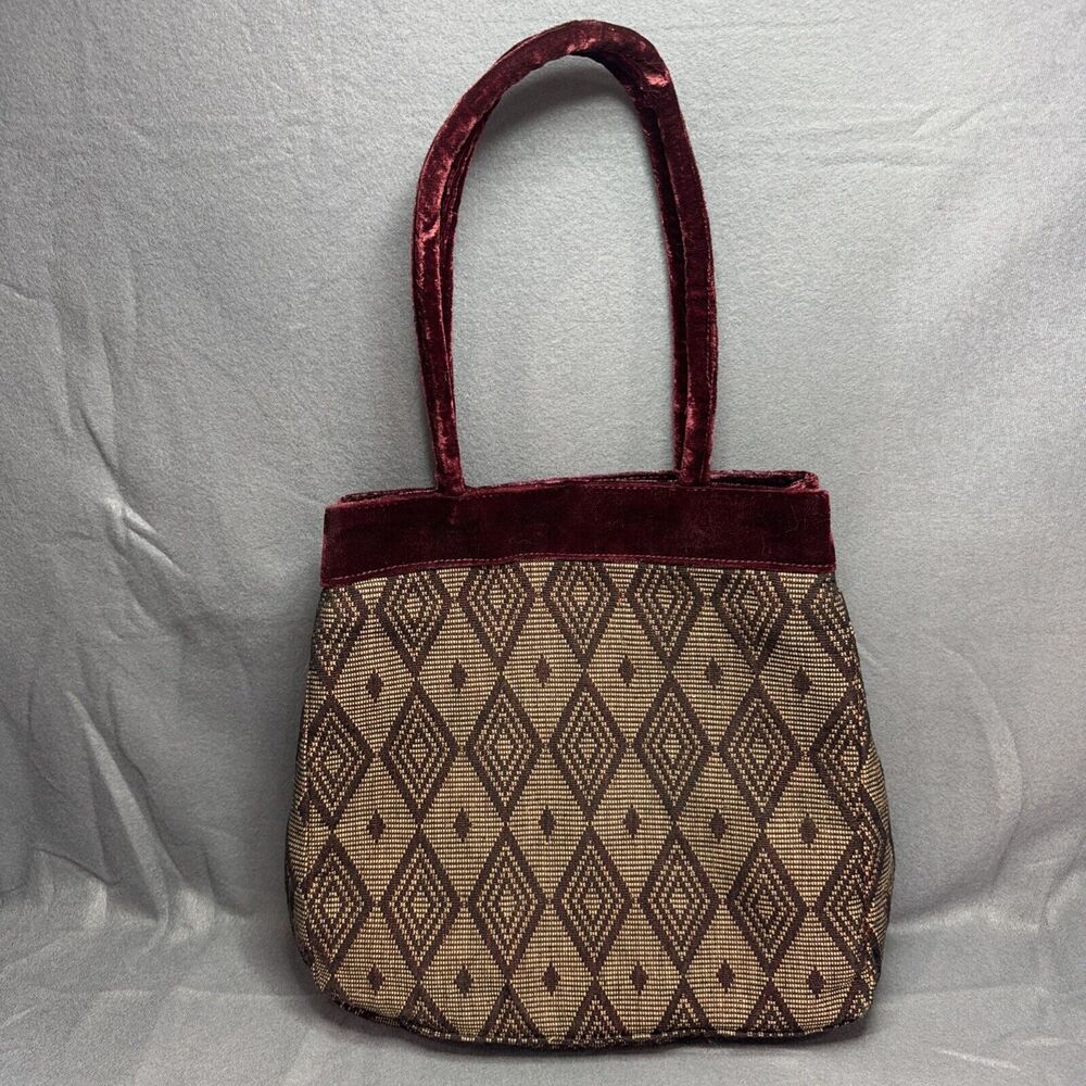 Boho Tapestry Tote Shoulder Bag Purse Burgundy Velvet Trim Handles Diamonds